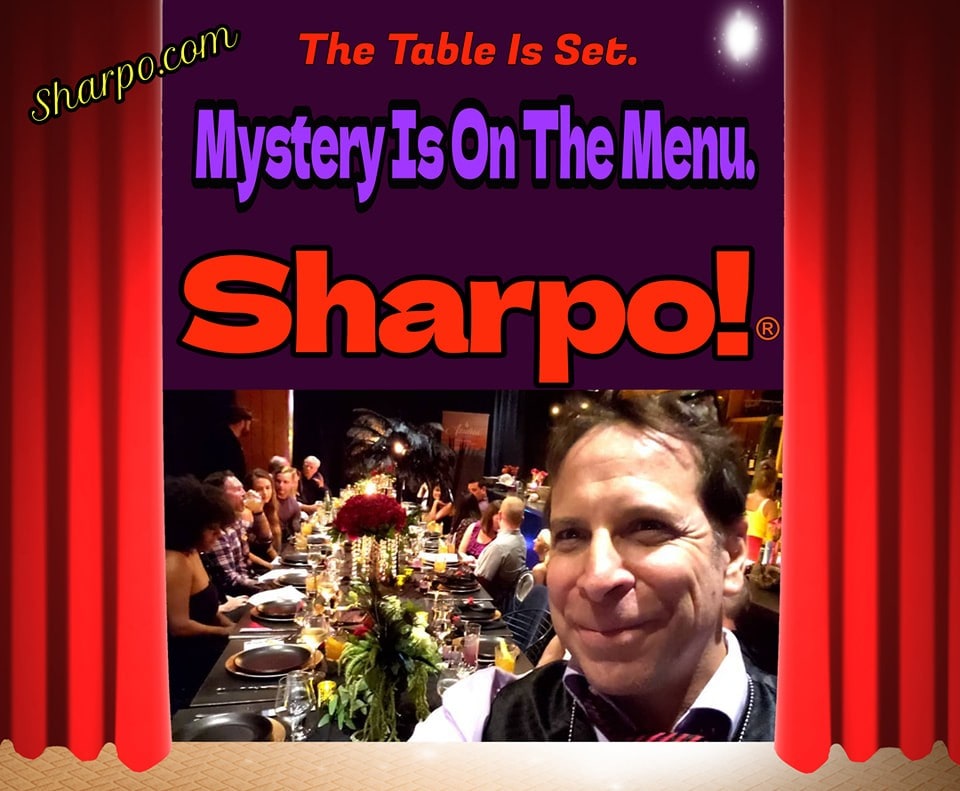 Sharpo prepares to mystify this audience at an elegant dinner party.
